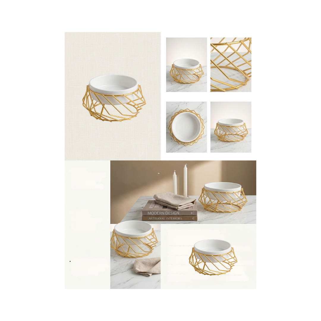 Gold Geometric Bowl Stand with Ceramic Bowl – Centerpiece