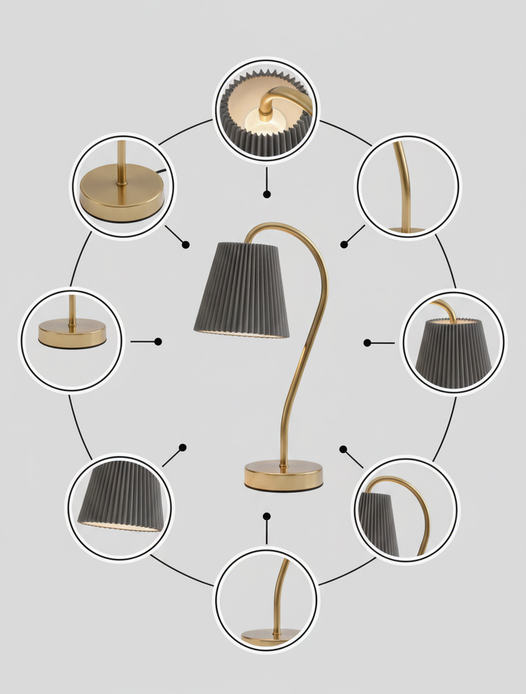 Curved Brass Desk Lamp – Pleated Shade