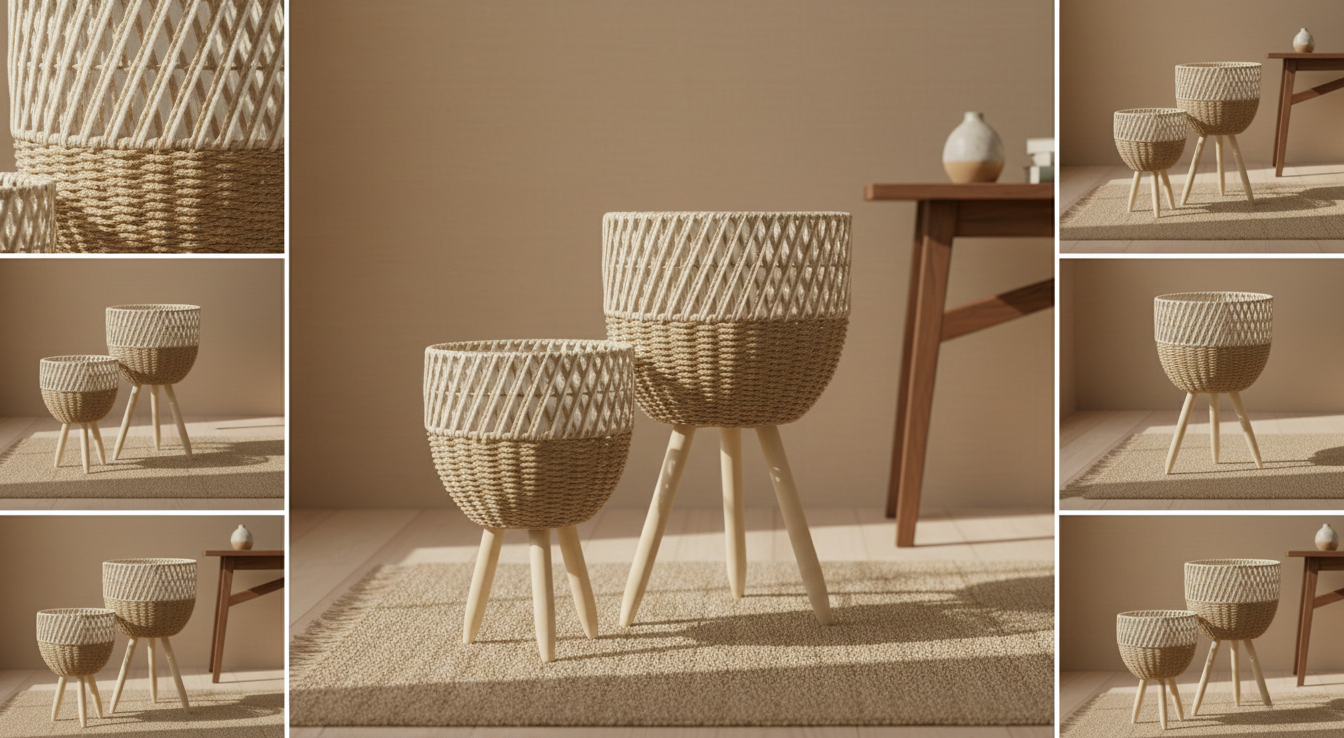 Scandinavian Woven Planter Set with Wooden Stand – Set of 2