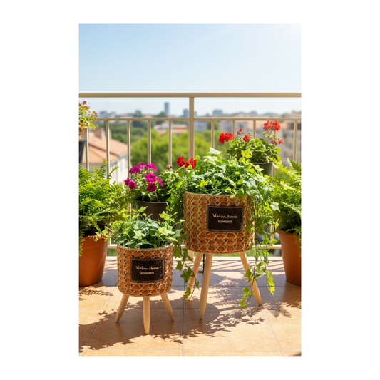Boho Balcony Woven Planter Set with Wooden Stand – Plant Pots (Set of 2)
