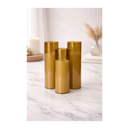 Amber Glass Flameless LED Candle Set – Decorative Table Lights (Set of 3)