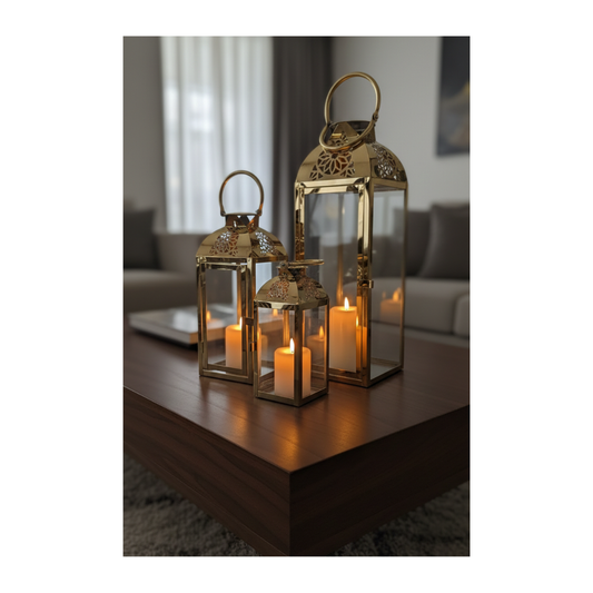 Gold Glass Candle Lantern Set – 3 Sizes