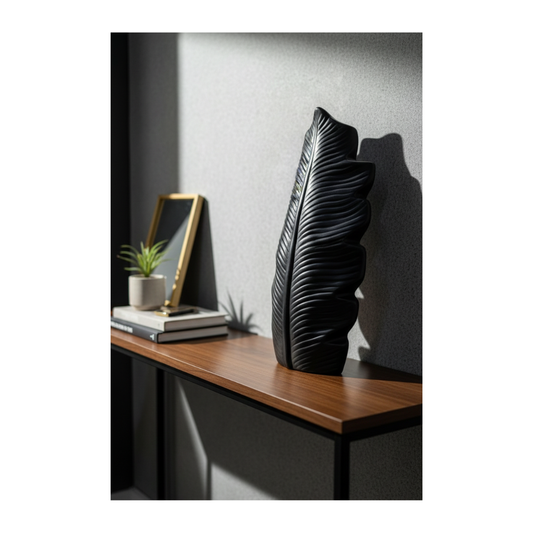 Modern Black Leaf Sculpture – Abstract Matte Decorative Statement Accent for Console & Shelf