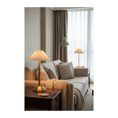Modern Pleated Table Lamp – Minimalist Brass Bedside & Living Room Lamp