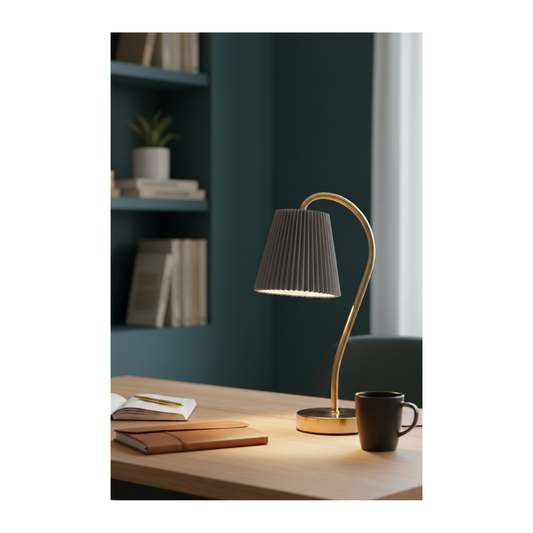 Modern Curved Brass Desk Lamp – Pleated Shade Designer Table Light