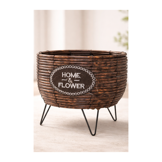 Rustic Woven Planter Set with Metal Stand – Decorative Indoor Plant Pots (Set of 2)