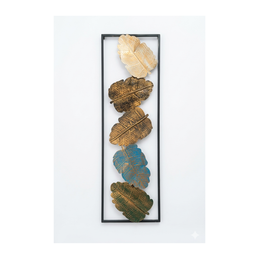 Metal Leaf Wall Art Panel | Gold, Teal & Olive | Black Frame