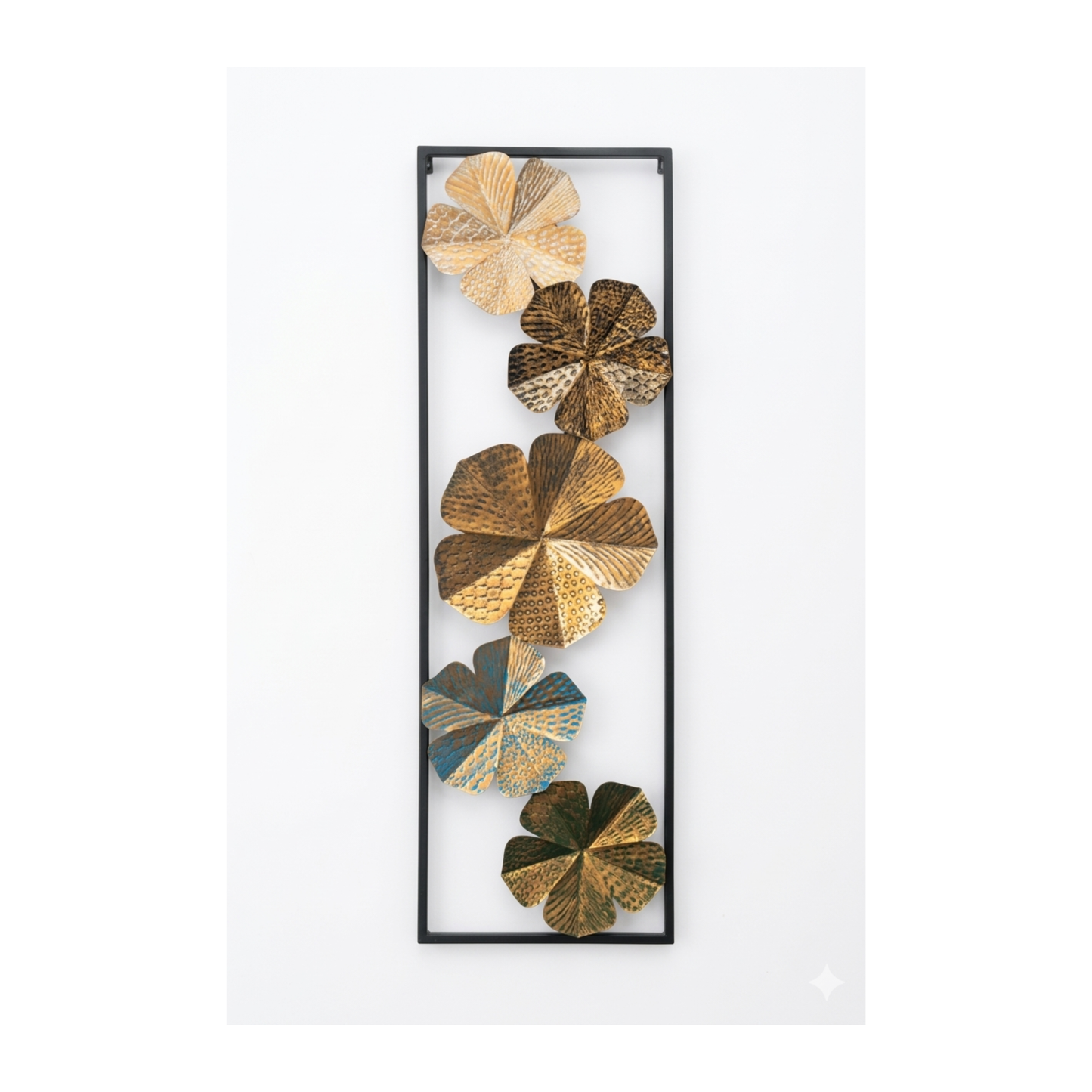 Metal Flower Wall Art Panel | Gold & Teal | Black Frame