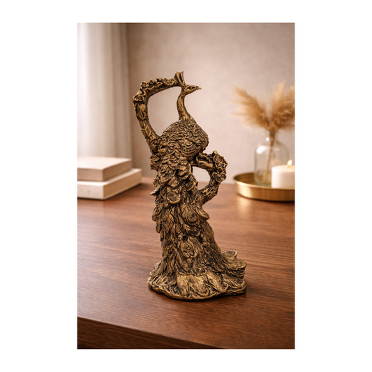 Luxury Peacock Sculpture – Ornate Decorative Figurine for Console & Living Room Décor (Available in Antique Gold & Stone Finish)