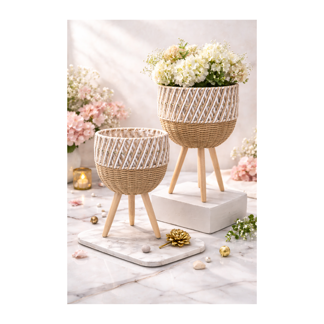 Scandinavian Woven Planter Set with Wooden Stand – Set of 2