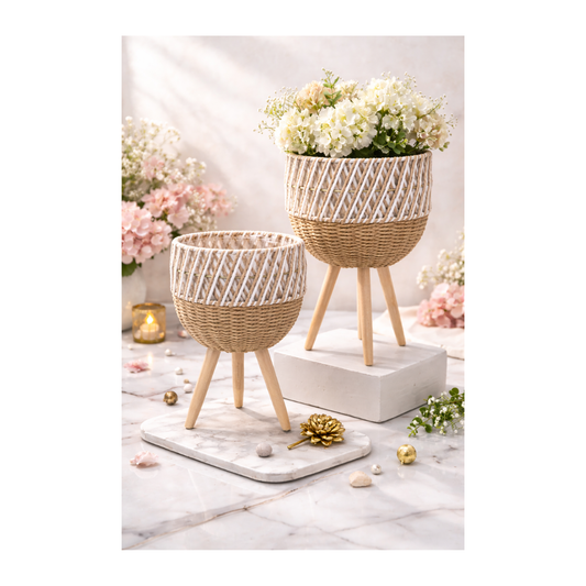 Boho Woven Planter Set with Wooden Stand – Scandinavian Indoor Plant Pots (Set of 2)