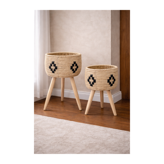 Boho Tribal Woven Planter Set with Wooden Stand – Indoor Planters (Set of 2)