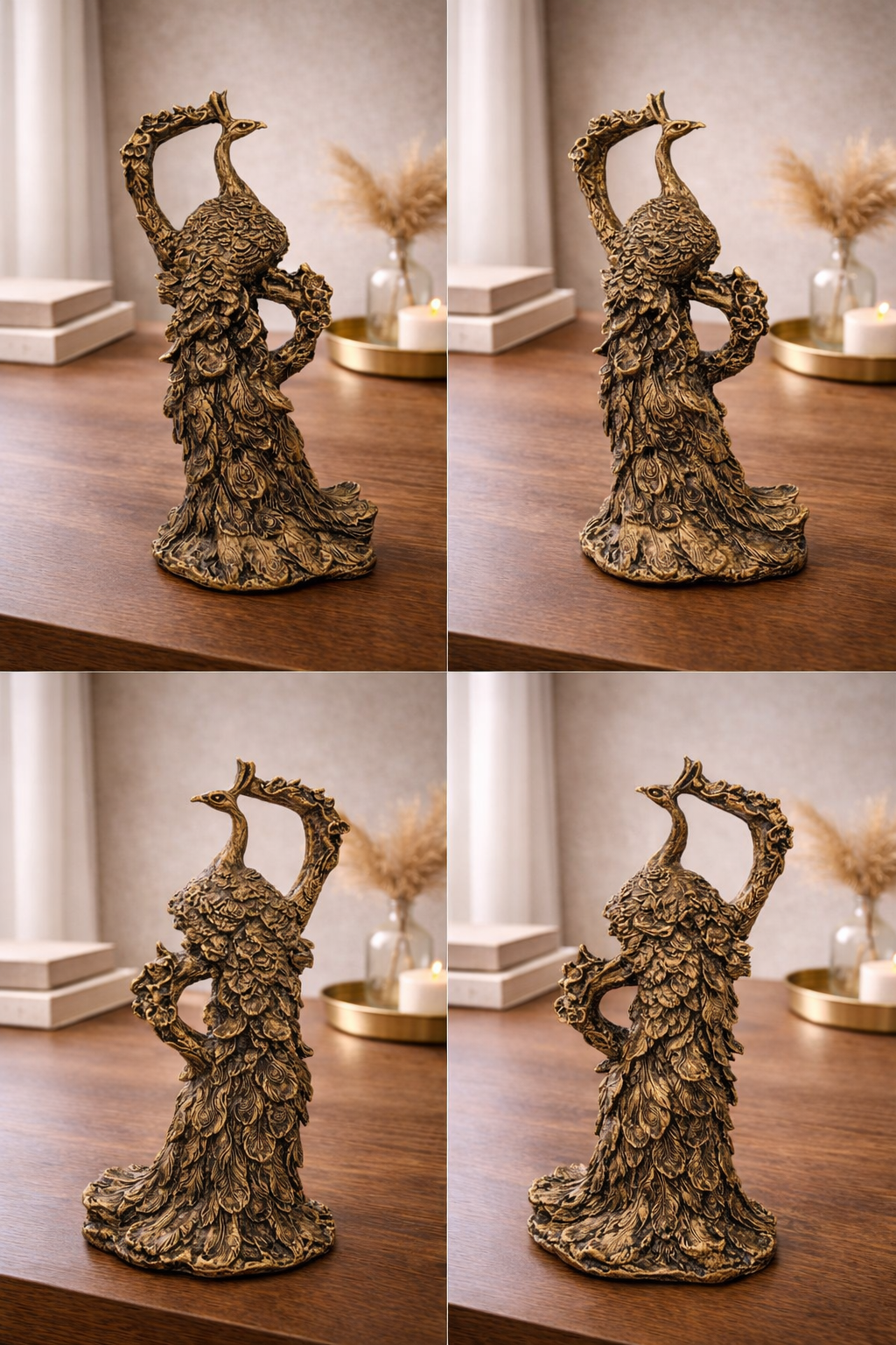 Peacock Sculpture Figurine – Antique Gold & Stone Finish