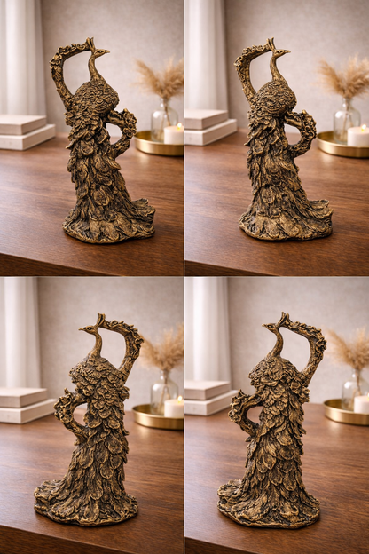 Peacock Sculpture Figurine – Antique Gold & Stone Finish