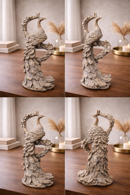 Peacock Sculpture Figurine – Antique Gold & Stone Finish