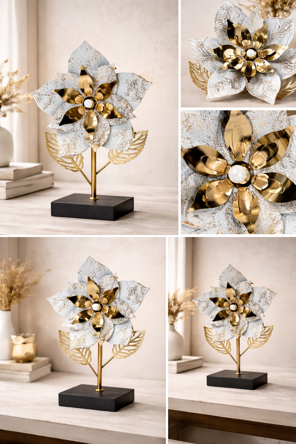 White & Gold Metal Floral Sculpture – Table Accent