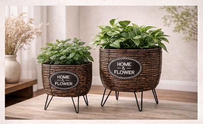 Woven Planter Set with Metal Stand – Set of 2