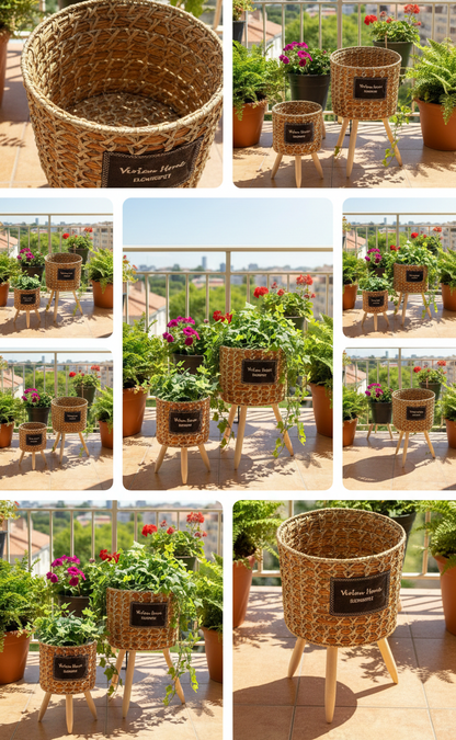 Boho Woven Planter Set with Wooden Stand – Set of 2
