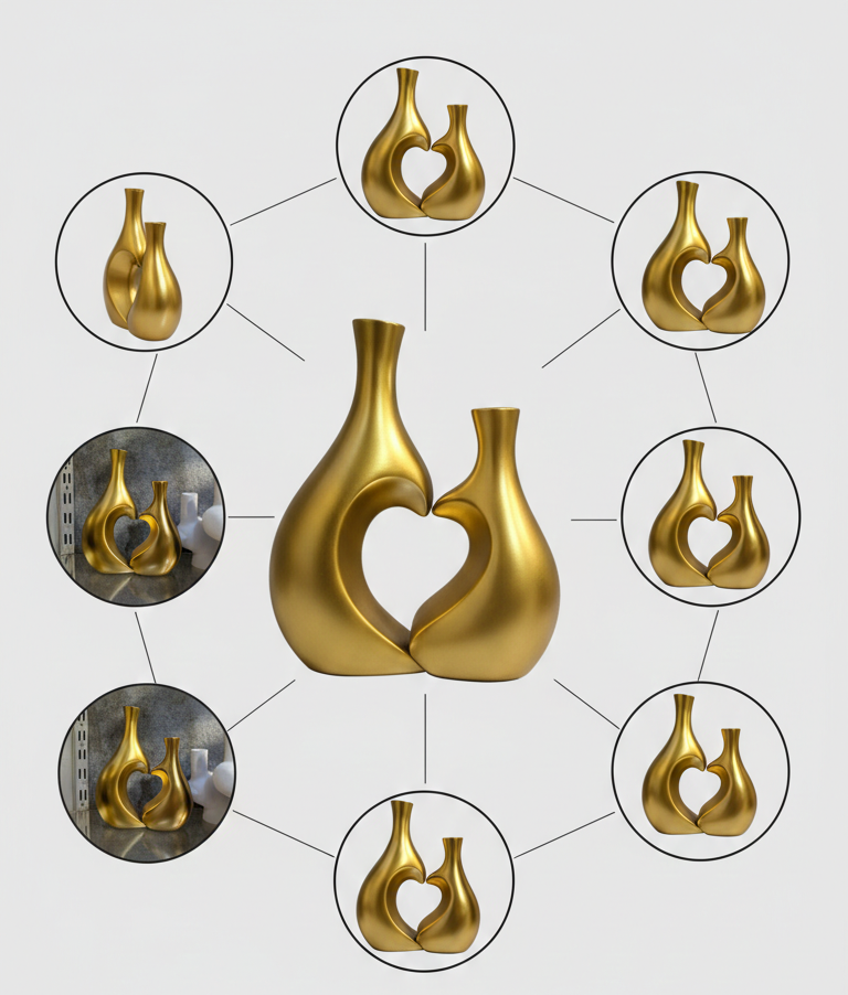 Luxury Gold Heart Vase Set – Modern Romantic Decorative Sculpture for Living Room & Bedroom Décor