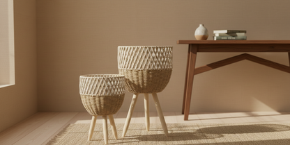 Scandinavian Woven Planter Set with Wooden Stand – Set of 2