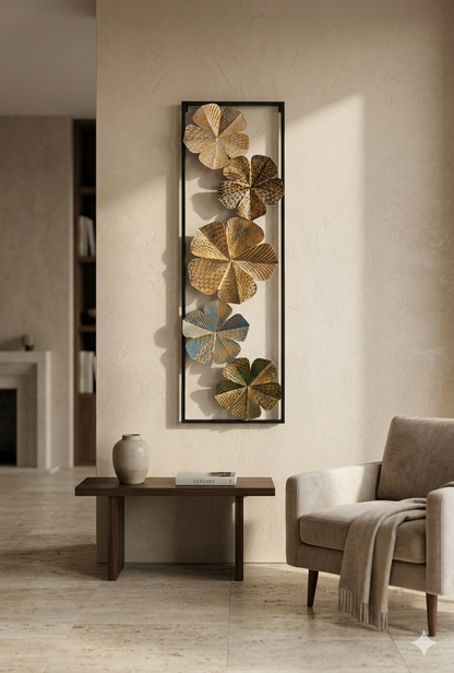 Metal Flower Wall Art Panel | Gold & Teal | Black Frame