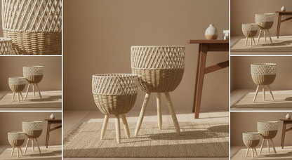Scandinavian Woven Planter Set with Wooden Stand – Set of 2