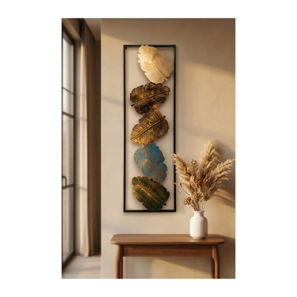 Metal Leaf Wall Art Panel | Gold, Teal & Olive | Black Frame