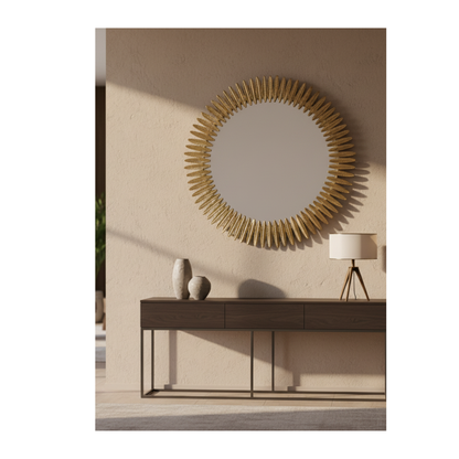 Round Gold Feather Wall Mirror